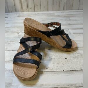Women’s Crocs Strappy Wedge Cork Sandal Black Size 8 Wide